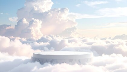 Fototapeta premium White Cylinder Podium on Blue Sky with Fluffy Clouds Background
