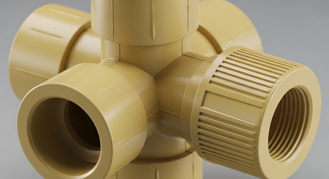 Detailed macro view of a cream CPVC plastic multiport pipe manifold connector with socket junction and a secure threaded cap, showcasing industrial plumbing hardware and fluid systems.