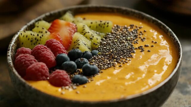 A refreshing smoothie bowl topped with an assortment of vibrant fruits and crunchy nuts. Perfect for a healthy and delicious breakfast or snack.