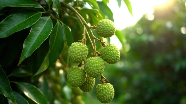Unripe lychee fruits hanging on a branch with lush green leaves and sunlight creating a natural background