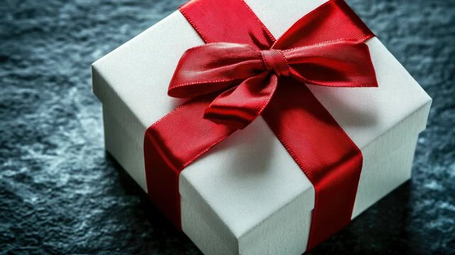 Small rectangular present with a vibrant red ribbon tied in a perfect bow.