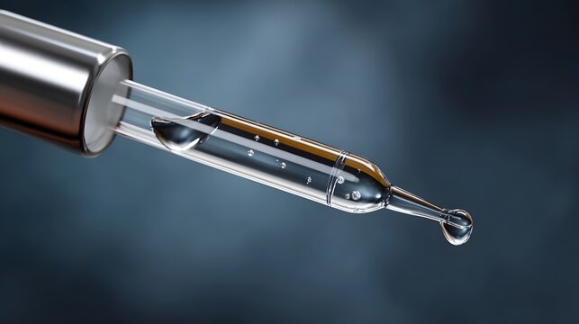 ro view of a scientific dropper with clear liquid and bubbles dispensing a single drop