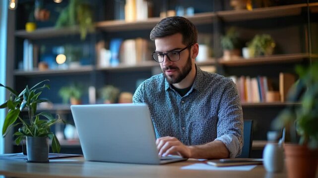 A man is sitting at a desk with a laptop open in front of him. He is wearing glasses and has a beard