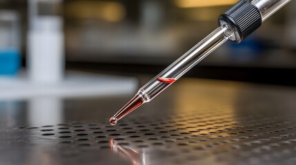 Naklejka premium A close up of a laboratory pipette dispensing a red liquid drop onto a perforated metal surface