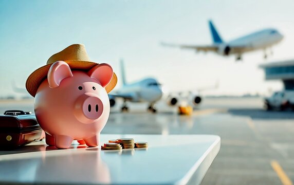 Piggy bank in cap hat, sunglasses, stands on a table top. Summer warm country landscape with mountains, palms, ocean, hotel, sunny day. Vacation, travel. Space for text.