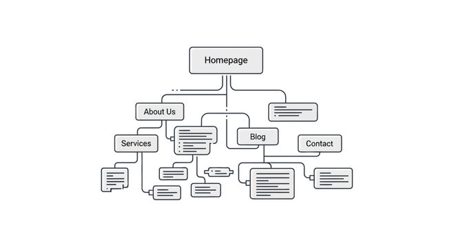 Visual representation of a typical website structure sitemap flow diagram showing homepage navigation links and content hierarchy against a dark background.