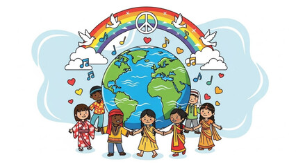 Obraz premium Diverse children holding hands around the earth with a rainbow peace sign and musical notes symbolizing global unity and harmony