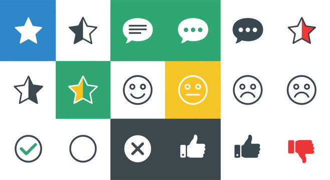 Vector UI feedback icons set: star rating, speech bubbles, emoji faces, checkmark, X mark, thumbs up and down, isolated on white