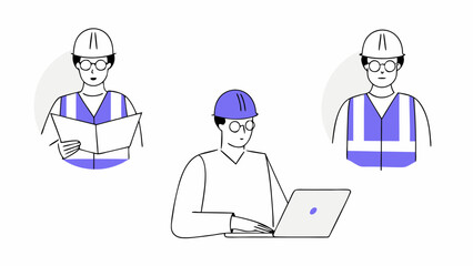 Three engineers in hard hats one with laptop one with plans and one standing wearing a safety vest looking on transparent background silhouette