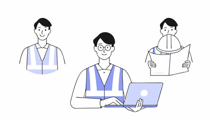 Fototapeta premium Engineer man working on a laptop computer with safety vest and hard hat shown in a minimalist flat style for industrial web design.