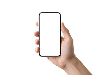 Person holding a smartphone with a white screen and a white background isolated on transparent background