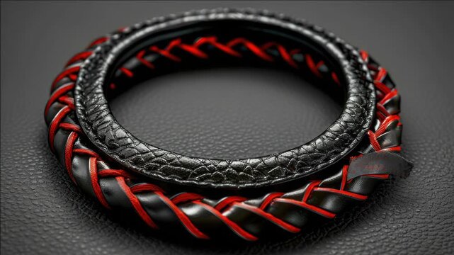 A handcrafted bracelet featuring black strands intricately knotted with red accents, showcasing a blend of elegance and boldness.