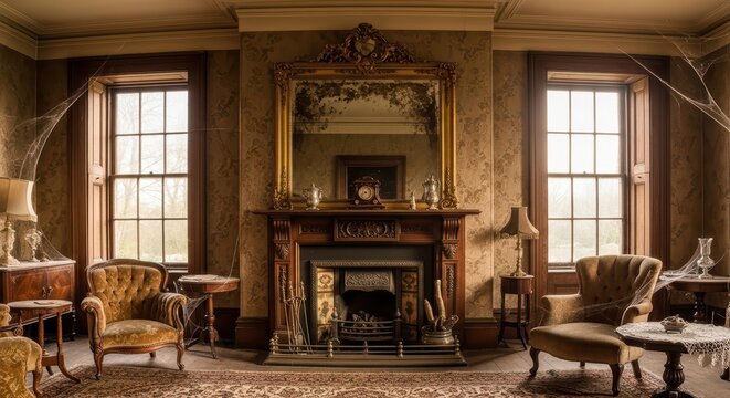 Victorian-era living room with ornate mirror, antique furniture, fireplace, and cobwebs in dimly lit vintage setting