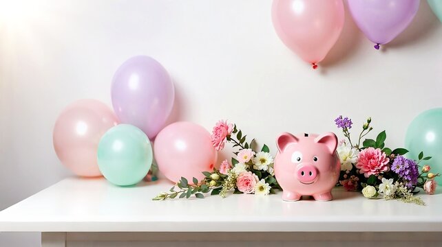 A piggy bank with heart-shaped glasses on table in restaurant during a date, with flowers and glasses of wine. Heart-shaped balloons at background