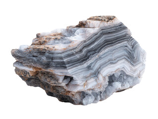 A layered, banded rock formation with shades of white, grey, and brown