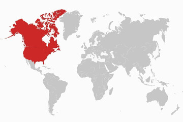 Fototapeta premium Full 2D World Map Vector with Canada Highlighted in Red - Minimalist North America Infographic