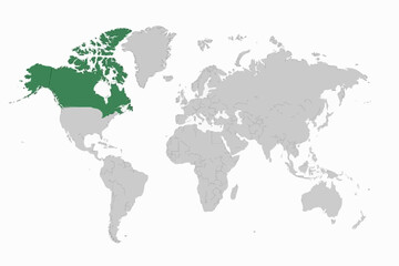 Obraz premium Full 2D World Map Vector with Canada Highlighted in Red - Minimalist North America Infographic
