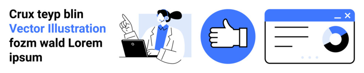 Obraz premium Business strategy, data analysis, decision-making, workflow optimization, teamwork, digital services. A professional with a laptop, thumbs-up icon and statistical chart. Business strategy and data