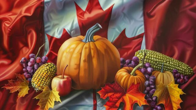 A vibrant of a fall harvest, including pumpkins and gourds set against the backdrop of a waving Canadian flag. Perfect for seasonal celebrations and promotions.