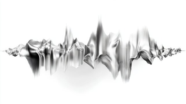 Metallic soundwave silhouette hovering over white background with mirrored symmetry and sharp peaks, highcontrast reflective spikes, graphic composition ideal for audio, music, and tech