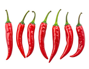 Seven vibrant red chili peppers with green stems, arranged against black