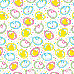 Seamless Easter Eggs With Chic And Bunny On White Background