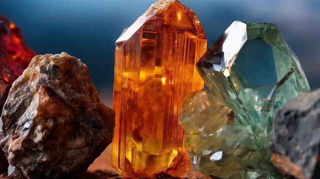 Collection of crystals displayed on a table with a dark background and distant light source visible in the sky