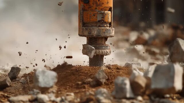 Construction worker uses jackhammer to break concrete on a worksite during daytime hours