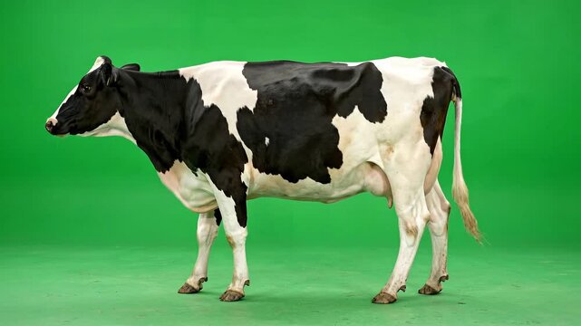 Majestic black and white cow walking against green background