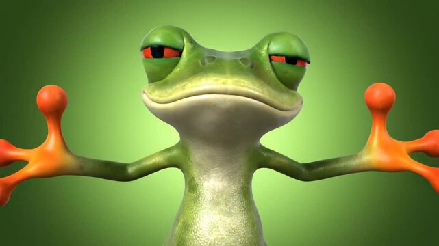 Excited 3D cartoon frog with wide open mouth on green background