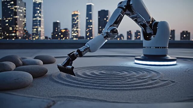 Robotic arm creating Zen sand patterns on city rooftop at dusk