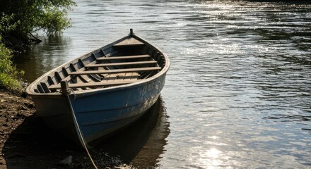 Obraz premium Wooden rowboat moored on riverbank. Sunlight glints on water