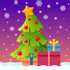 Obraz premium New year and Christmas landscape with christmas tree and gifts