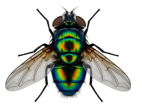 A close-up view of a vibrant green and blue blowfly with distinct markings isolated on transparent background