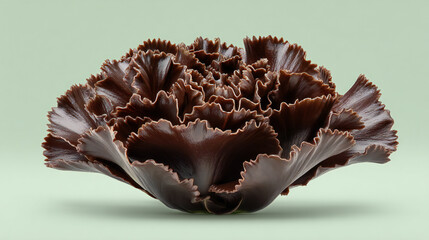 Fototapeta premium Side-view chocolate carnation with layered ruffled cocoa petals forming a natural flower shape. Artistic floral chocolate with rich texture.