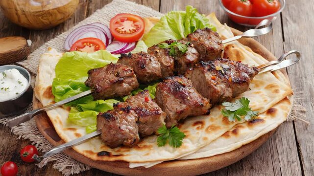 Delicious kebab dish featuring seasoned meat skewered on a wooden stick alongside fresh vegetables. Served on pita bread with herbs.
