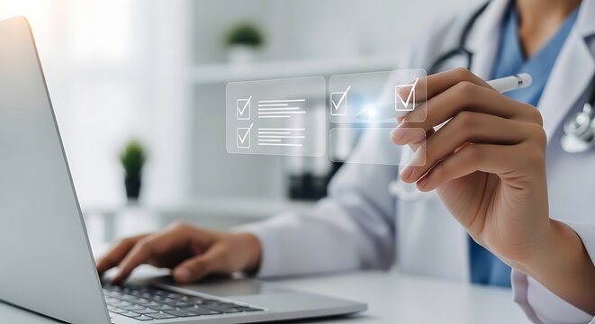Medical professional engaging with a virtual checklist on a digital interface, utilizing advanced technology for streamlined healthcare management, efficient data entry, and patient record review
