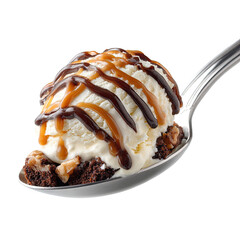 Scoop of vanilla ice cream, chocolate & caramel drizzle, on nutty brownie in silver spoon