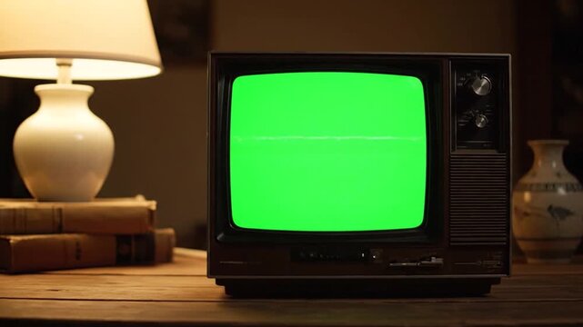 Nostalgic vintage television with a bright green screen, perfect for overlaying custom footage, sits on an antique wooden desk alongside a classic lamp and old books, capturing a retro vibe