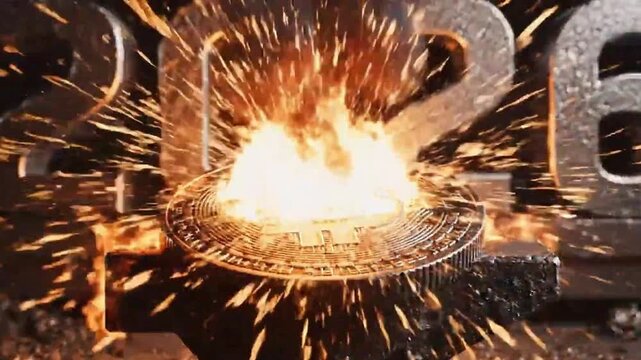 Slow motion footage of 2026 numbers igniting with fire and sparks on metal surface