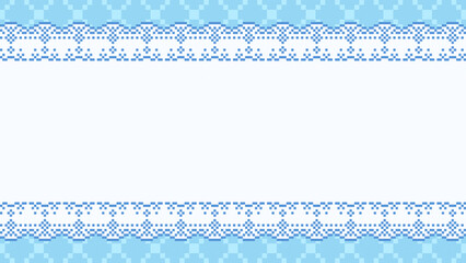 ドット絵　水色の格子柄とレースのおしゃれでかわいい背景装飾イラスト　フレーム　ガーリー　ピクセル