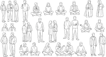 Vector silhouette collection featuring diverse casual people standing and sitting along with circus acrobats performing tightrope walks for sports and entertainment themed design. © Ajmira