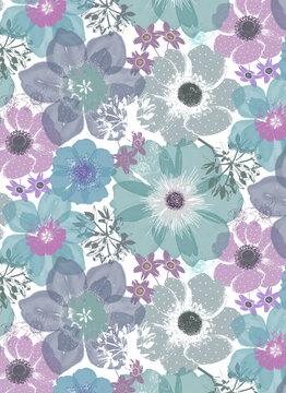 Illustration de fleurs an&eacute;mones, narcisses et jonquille en floraison et all over