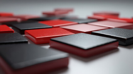 Red and black gaming pieces in a modern geometric design, abstract gaming pieces, strategic pattern