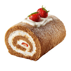 Swiss roll cake with cream filling, topped with fresh strawberries