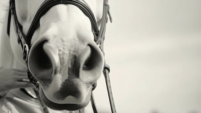 A close-up of a horse's nose with reign straps attached, set against a blurred background.