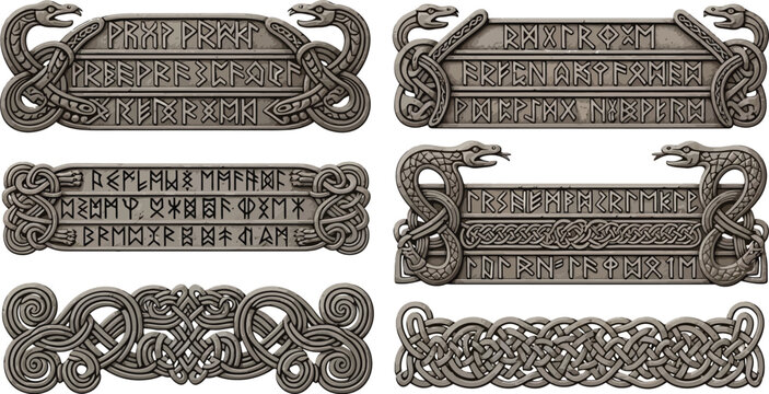 Six metallic Viking decorative borders feature intertwined serpent knotwork and ancient runic inscriptions.