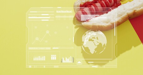 Displaying hot dog with ketchup, mustard on bright yellow surface, shadow, HUD overlays, copy space © vectorfusionart