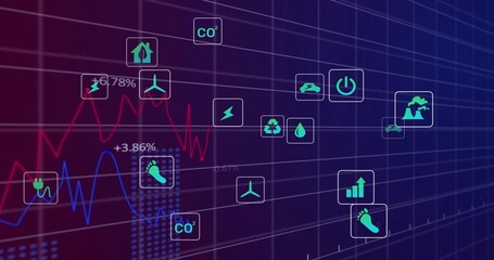 Obraz premium Displaying energy dashboard on virtual grid, showing red or blue line graphs, percentages, teal icon