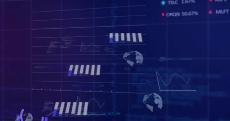 Fotobehang Buffet Displaying dashboard showing striped bar charts, line graphs on navy UI with globe icons  © vectorfusionart